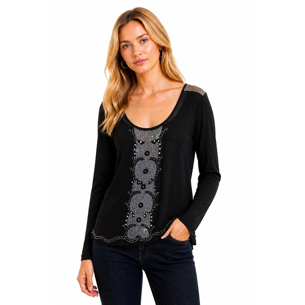 Yoana Baraschi Women's S Carnaby Top Long Sleeve Black Scoop Neck Rhinestone NWT